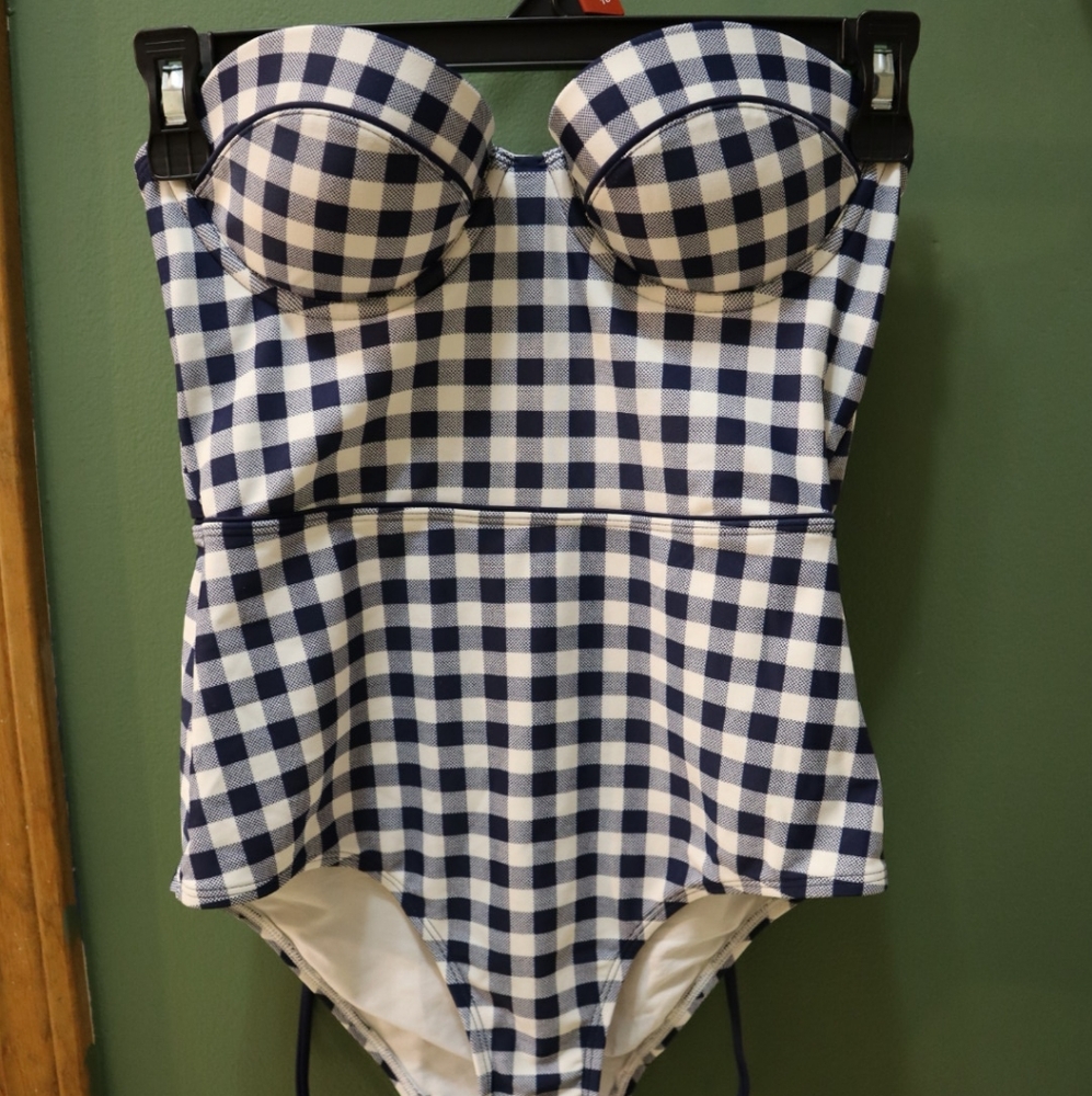 Aerie Womens Blue And White Checkered One Piece Swimsuit